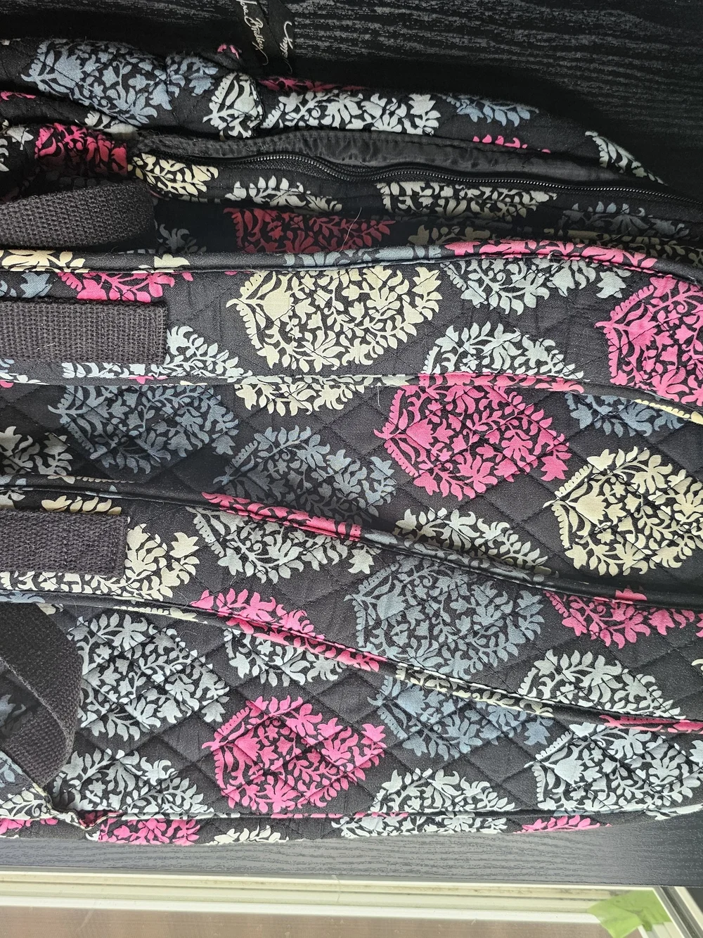 Vera Bradley Black Quilted Backpack with Pink & Gray Leaf Print OS